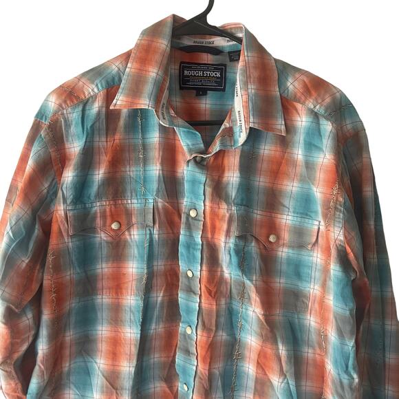Rough Stock Panhandle Men Large Orange Blue Pearl Snap Western Shirt - Picture 2 of 9